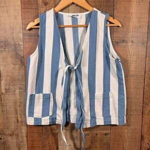 Blue White Striped Tie Front Denim Like Vest Womens Large Coastal Beachy Casual